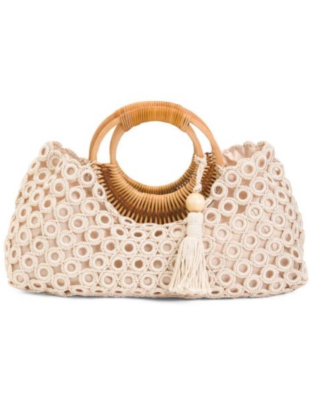 Straw Studio Boho Crochet Straw Tote Bag with Wooden Handles - Cream